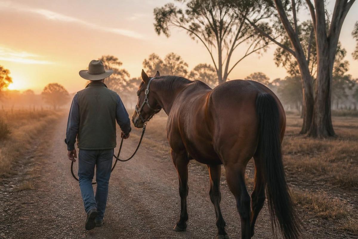 A trainer leading a bay racehorse along a gravel lane at sunrise